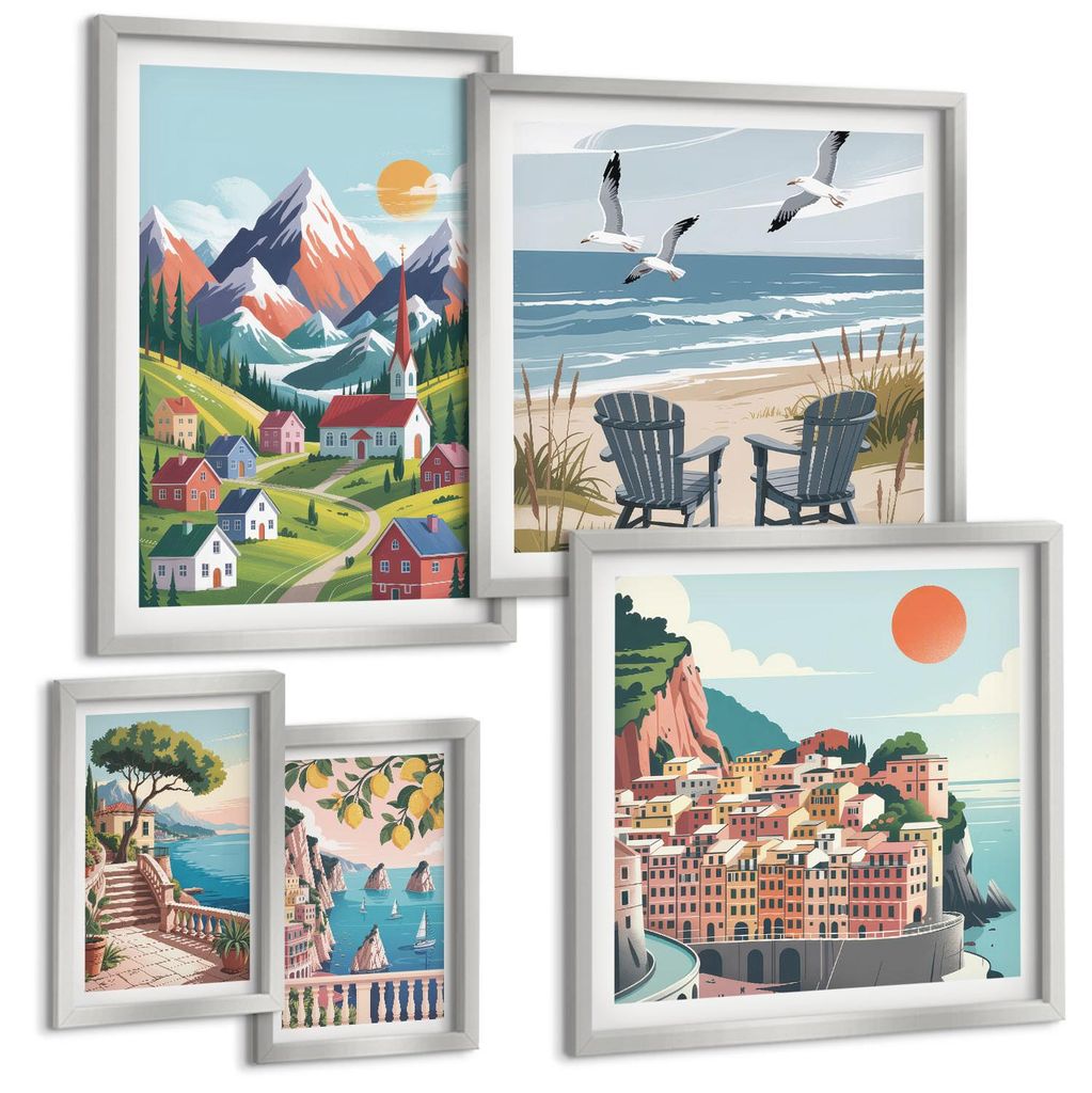 Bilder Set 5-teilig im silbergerahmten Rahmen – Wandbilder 5 Stück – gerahmte Poster für Wohnzimmer, Schlafzimmer und Flur – 50x50 cm - 40x...