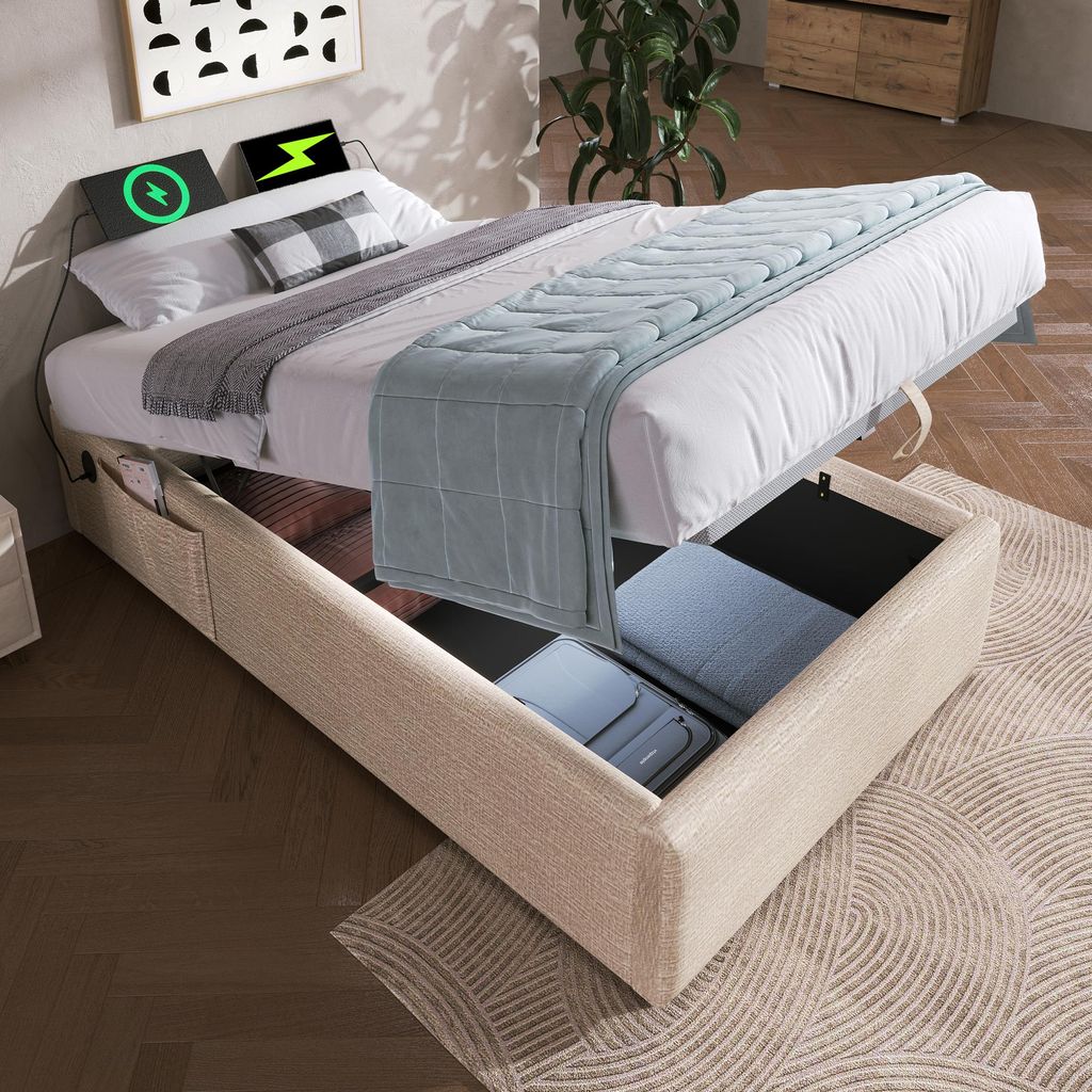 Polsterbett 90x190 cm Stauraumbett mit USB/USB-C Ladefunktion, Leinen-Bettgestell ohne Kopfteil, Massivholz-Bodenplatte, Natürlich, Platzsparend