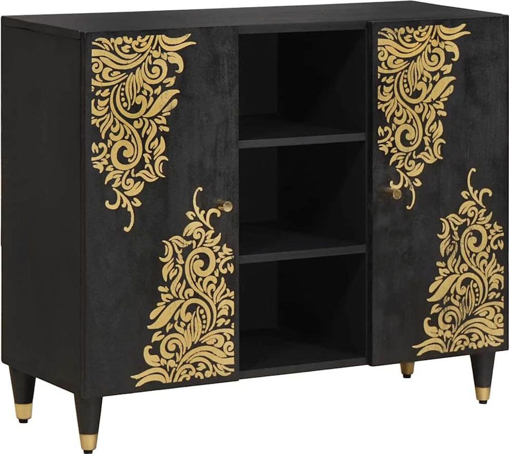 Sideboard mit Regal Schwarz 90 x 33 x 75 cm Massivholz Mango
