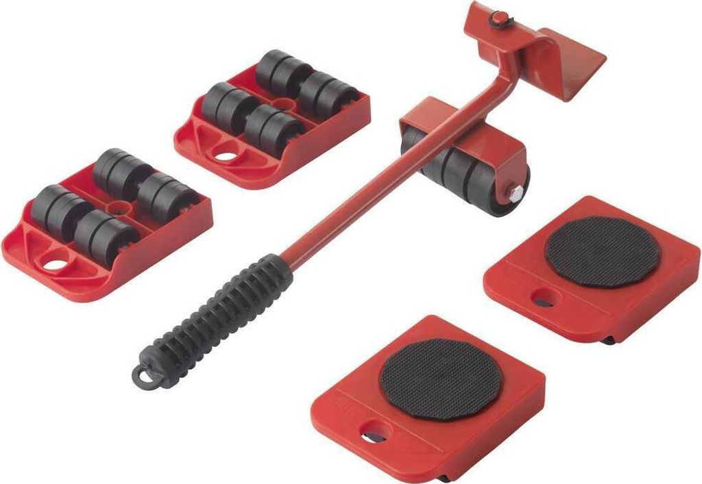 A set of red furniture movers with black wheels and a red lifting tool, arranged on a white background.