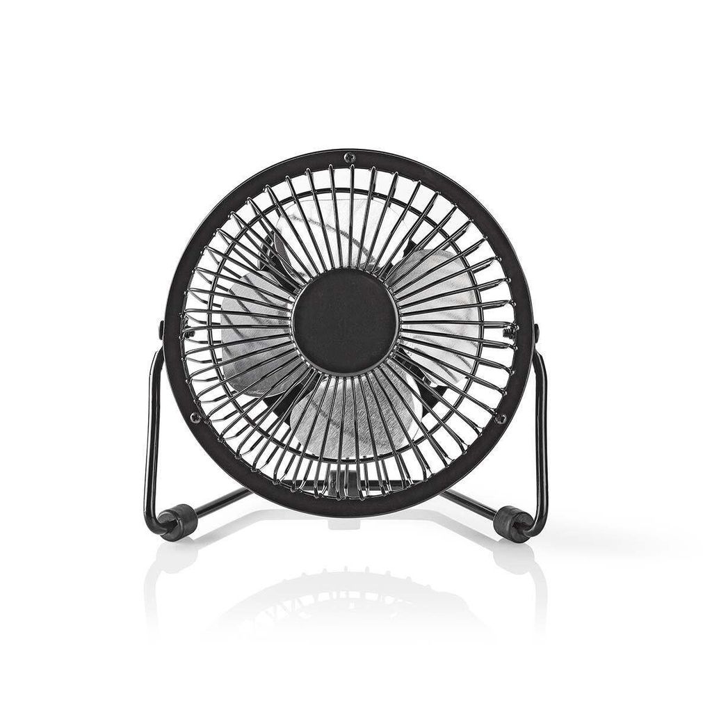 A black desk fan with a metal grille and stand, photographed on a white background.