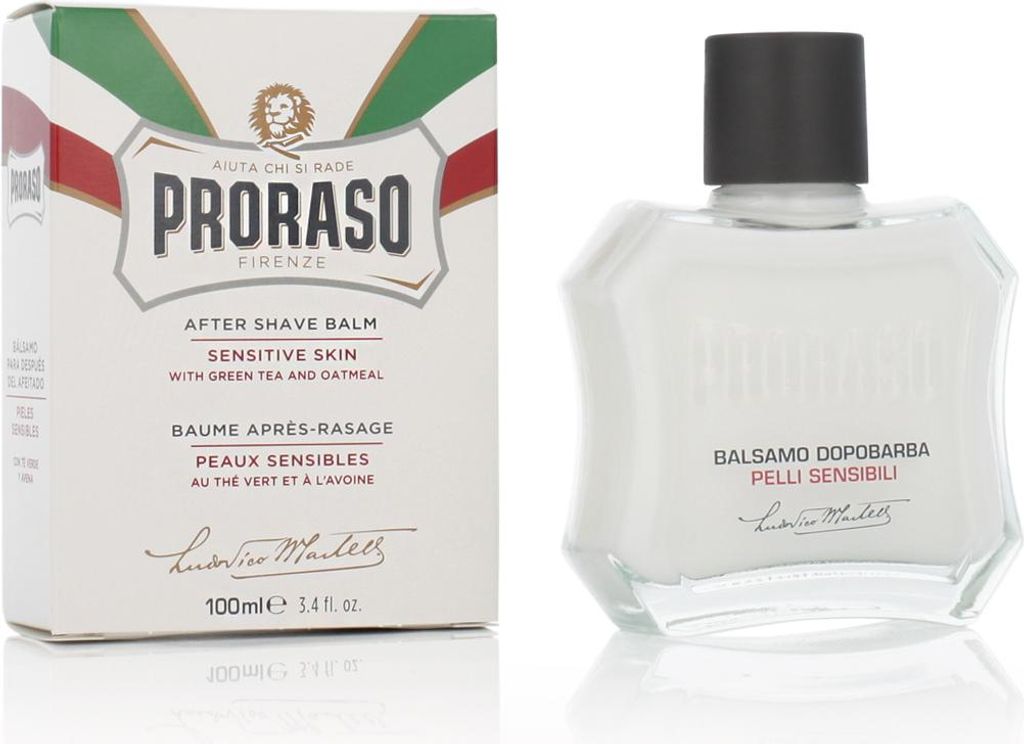 A box and bottle of Proraso After Shave Balm for sensitive skin.