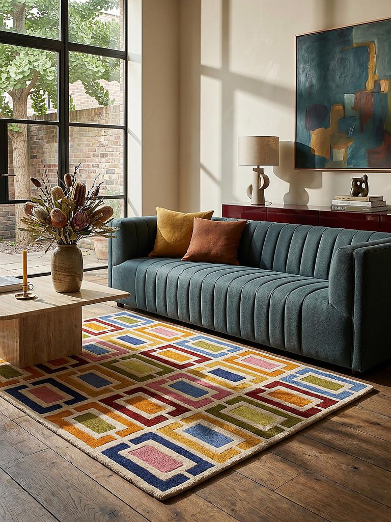 Wollteppich Geometrisch, Retro-Stil, Wohnzimmer Multicolor-Orange Rechteckig 80x150 | 100% Wolle, Rücken aus 75% Baumwolle, 25% Polyester | Florh...