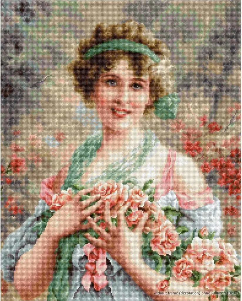 Kit point de croix Fille aux roses broderie guidée avec fils Anchor
