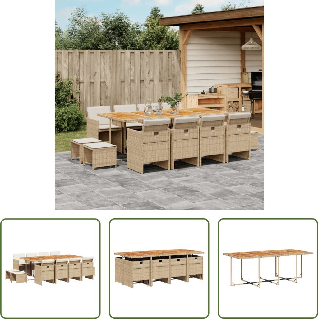 The Living Store 13-tlg. Garten-Essgruppe mit Kissen Beige Poly Rattan
