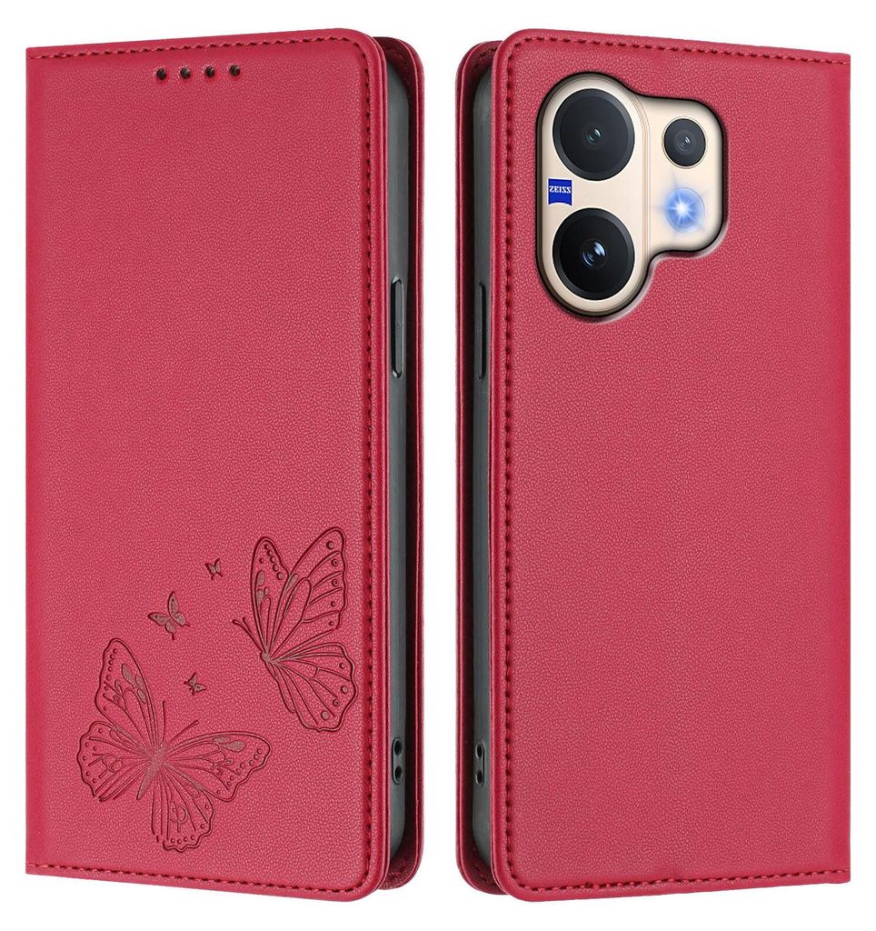 Lederhülle für Vivo V60 5G, Schmetterling Prägung Leder Brieftasche Schutzhülle mit Ständer Rot