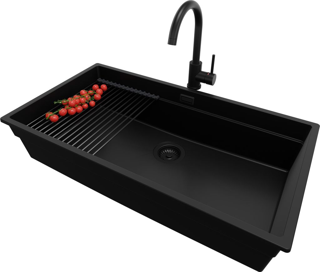 PRIMAGRAN Unterbauspüle Granit Alles Schwarz 86x47cm, Spülbecken 1 Becken + Ablauf-Set + Küchenzubehörset, Granitspüle ab 90er Unterschrank - ...