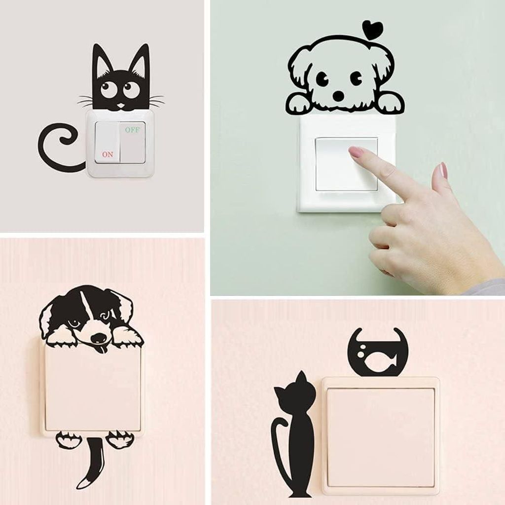 Wandaufkleber Lichtschalter: niedliche Katzen und Hund - Set von 3 Aufklebern