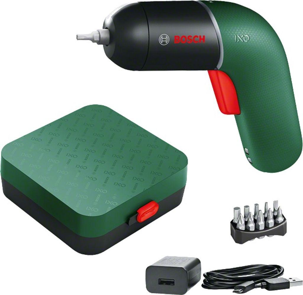 A set of Bosch IXO 6 power tools and accessories are displayed against a white background.