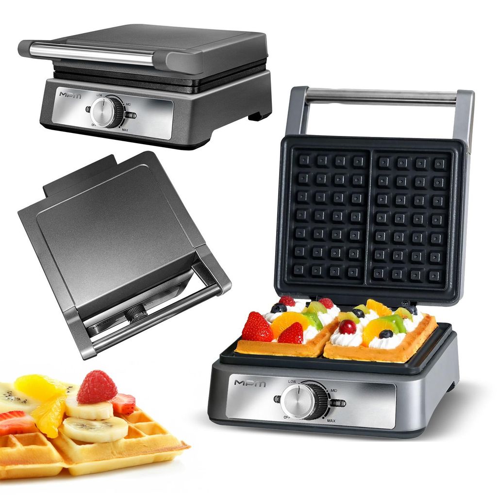 A collage of images showing a waffle maker, its parts, and finished waffles with fruit.