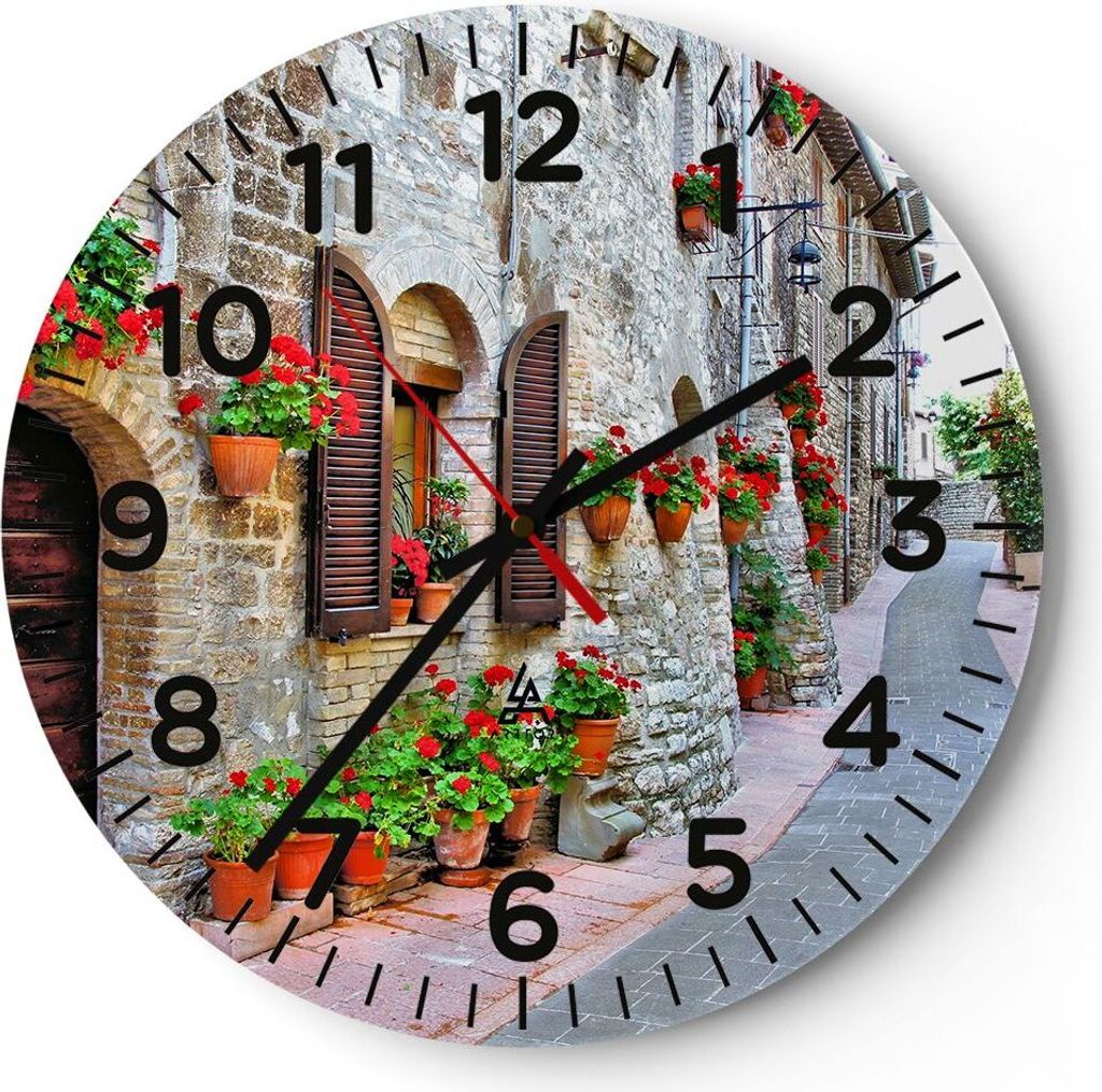 Wanduhr - Rund - Glasuhr - Italien Straße Blumen Geschichte - 40x40cm - Schleichendes Uhrwerk - Lautlos - zum Aufhängen bereit - Dekoration Moder...
