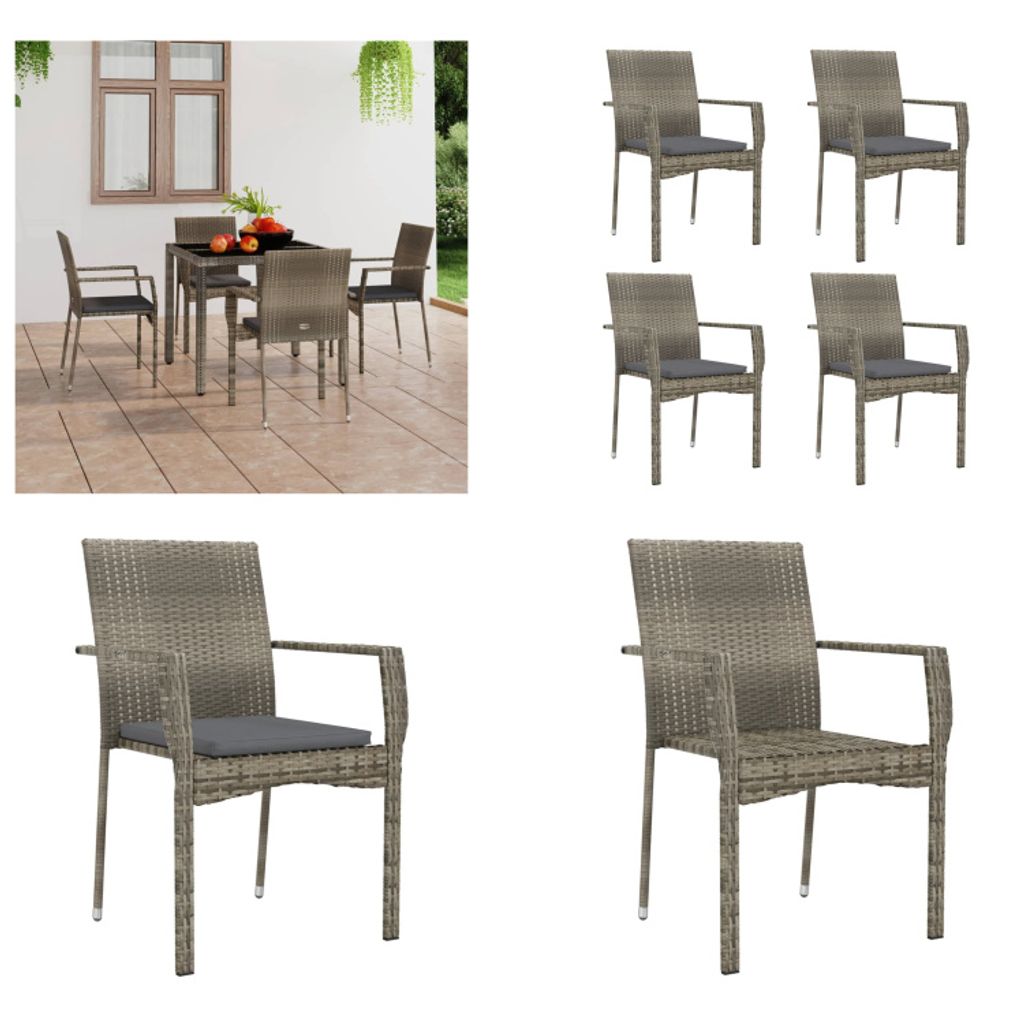 vidaXL Gartenstühle mit Kissen 4 Stk. Poly Rattan Grau - Gartenstuhl - Gartenstühle - Gartenmöbel - Outdoor Möbel