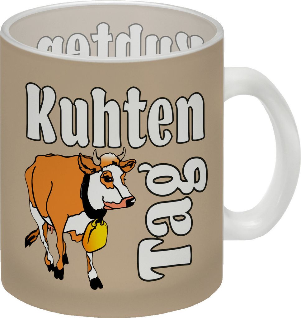 Kuhten Tag Glas Tasse in creme mit Kuh zum Thema Bauernhof