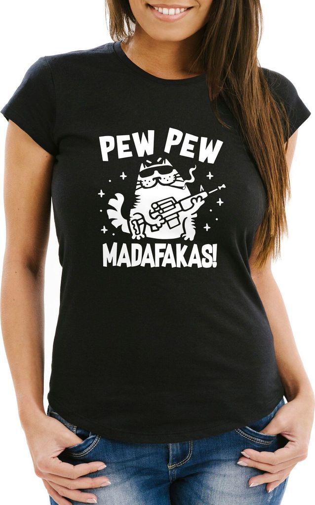 Damen T-Shirt Pew Pew Madafakas Katze Gangster Cat Meme Spruch Trend Slim Fit Moonworks schwarz XS