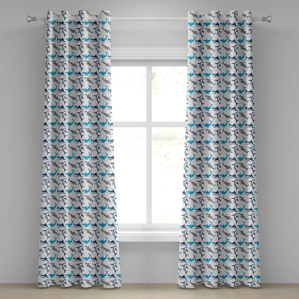 ABAKUHAUS Hai Ösenvorhang, Verschiedene abstrakte Schattenbilder des Retrostil-Symbols der gefährlichen hohen Meere, Dekorative 2-Panel-Fenstervo...