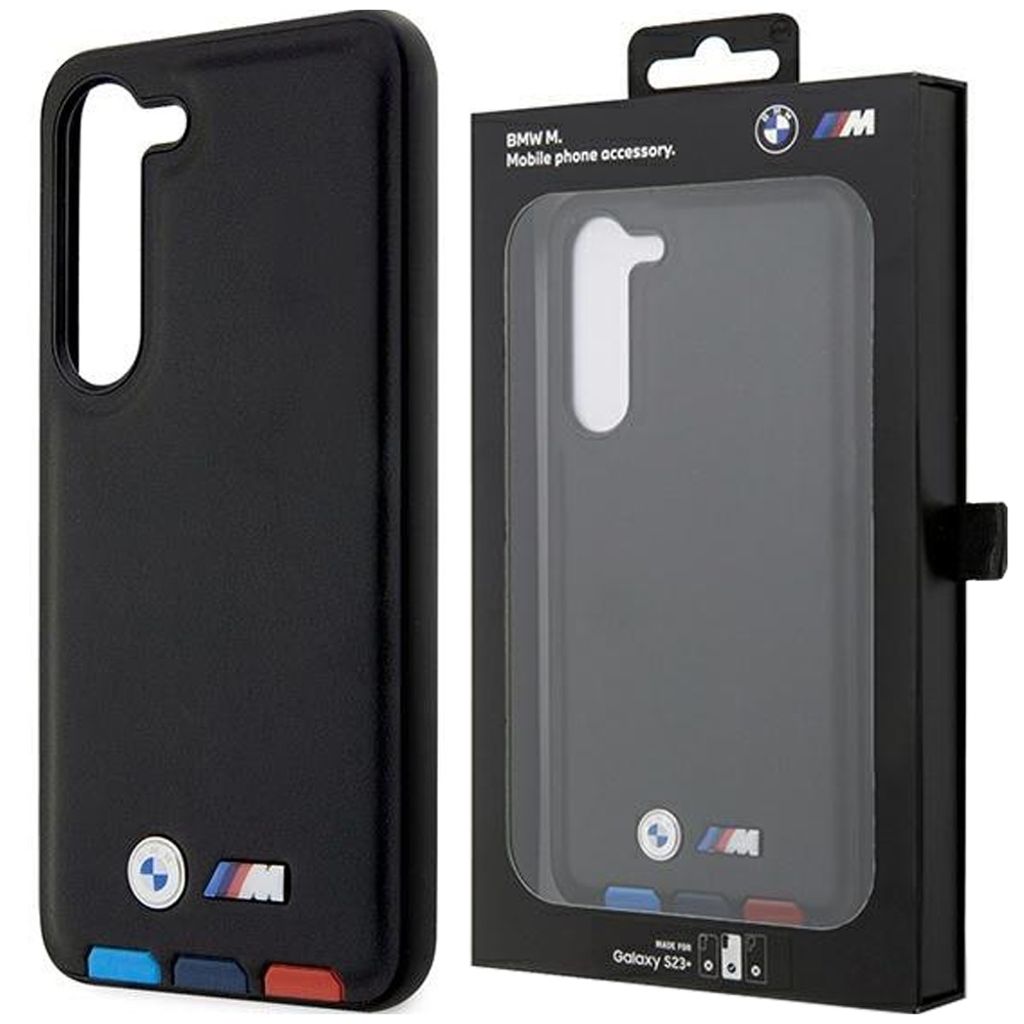 A black phone case and its packaging are displayed side-by-side against a white background.