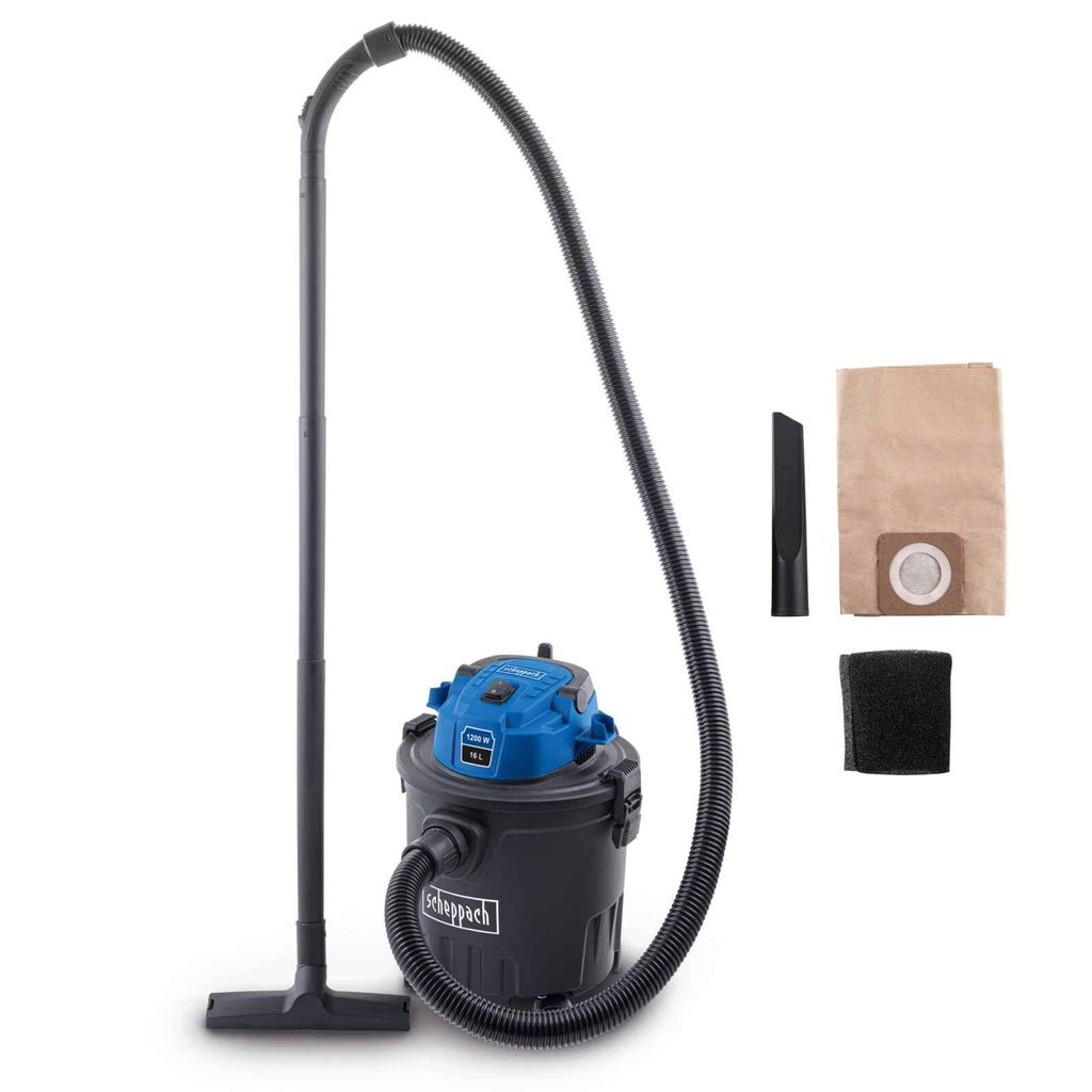 Scheppach Elektro Nass-/Trockensauger VC16 - 1200 W Elektro-Motor | 1,8 m Schlauchlänge | 16 L Fassungsvermögen | 20 kPa | 360° Rollen