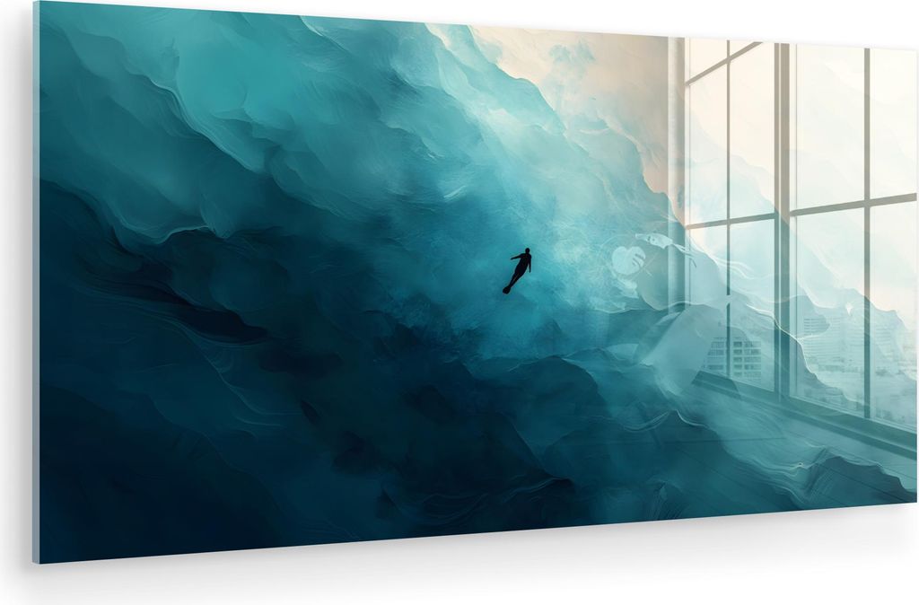 MuchoWow Glasbilder - Bilder auf Wandbild - Foto auf Glas Meer - Silhouette - Abstrakt - Blau 40x20 cm Wanddekoration aus Glas - Acrylglasbild - Ac...