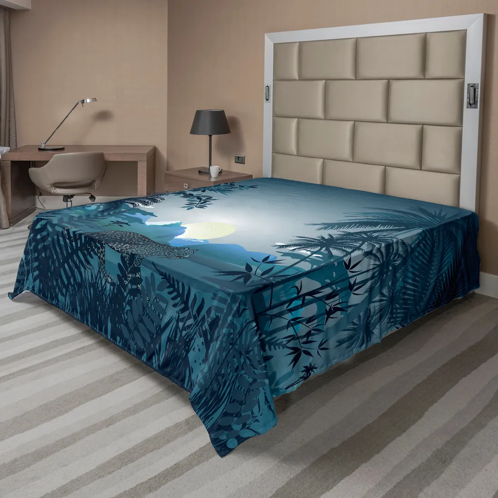 ABAKUHAUS Drap de Lit Jungle Tigre Sauvage et Lune 275 x 260 cm Bleu Sarcelle