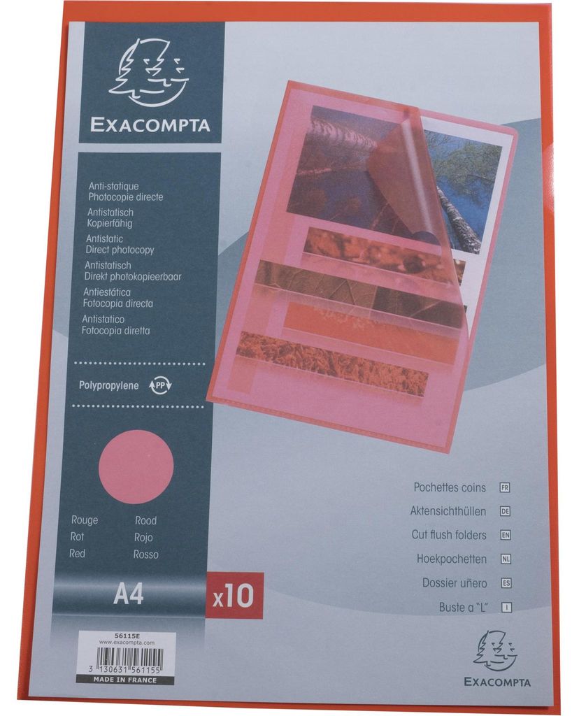 Exacompta 10x Pack 10 Aktensichthüllen genarbtem PP 120μ, A4, Rot, 56115E