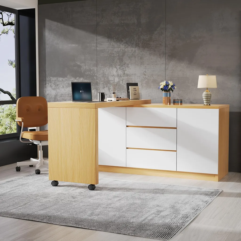 Bureau d'angle gain de place avec coiffeuse pivotante et buffet à roues