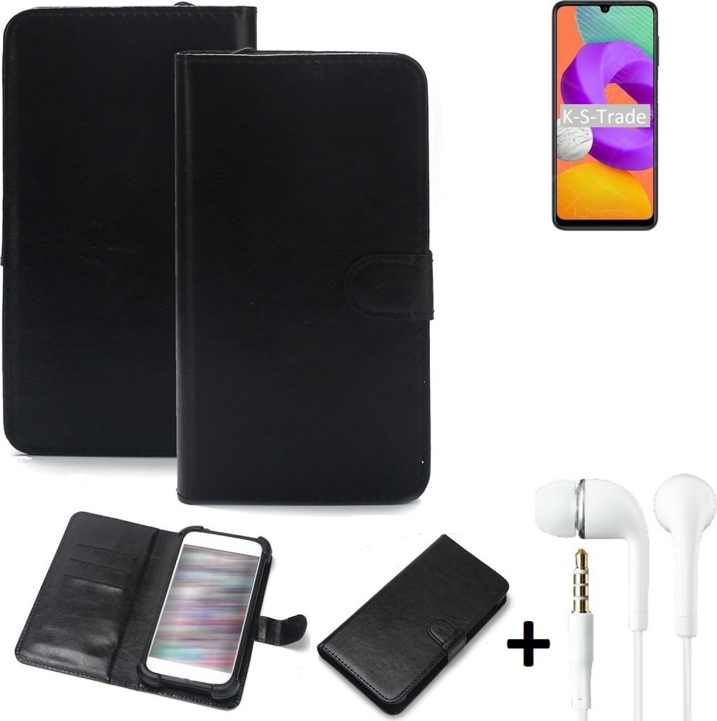 K-S-Trade Wallet Case Handyhülle kompatibel mit Samsung Galaxy M22 Schutzhülle Flip cover Flipstyle Tasche Hülle Flipcover Slim Bumper schwarz + in