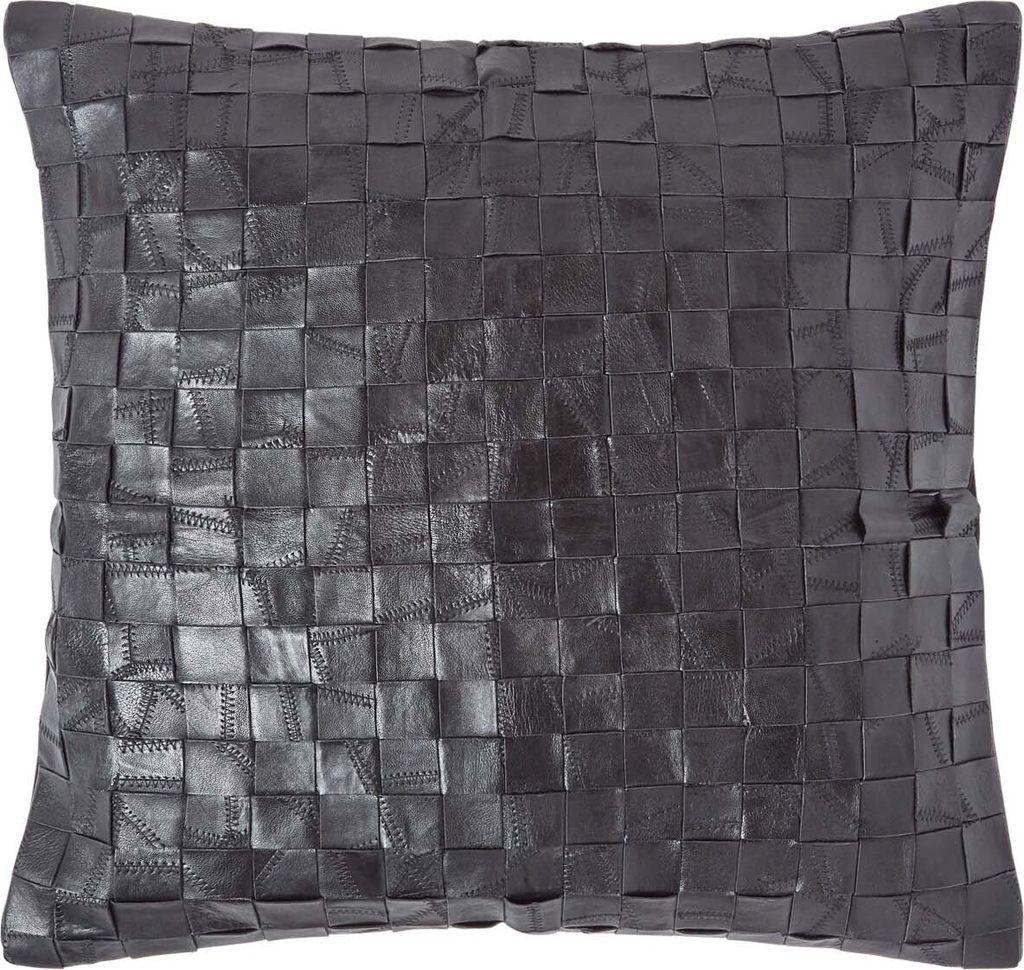 HOMESCAPES Schwarzes Leder Basketweave Check Kissen mit Federfüllung, 45 x 45 cm