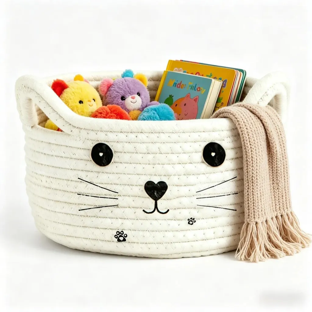 Panier en corde de coton en forme de chat blanc pour chambre d'enfant
