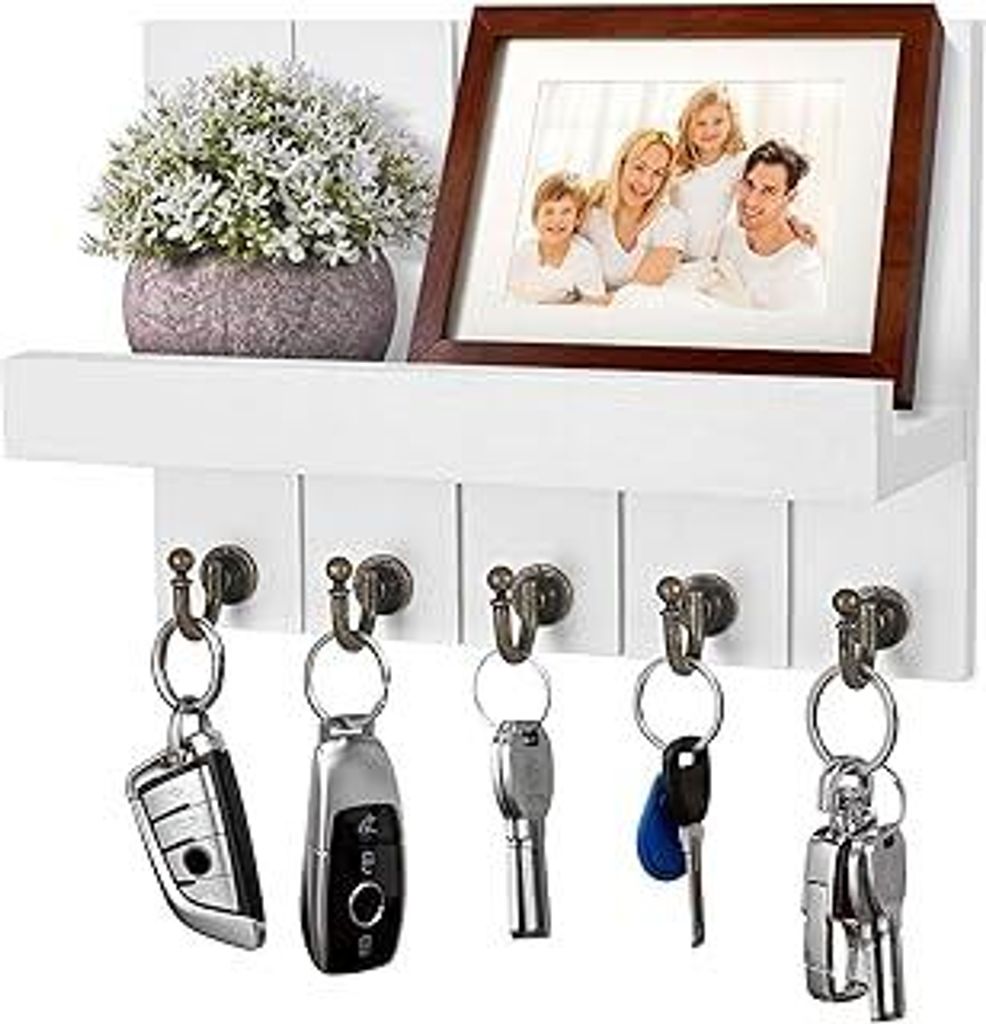Schlüsselbrett mit Ablage, Schlüsselbrett Holz, Dekoratives Holz Wandregal, mit 5 Schlüsselhaken, für Eingang, Flur, Schlafzimmer, Wohnzimmer, ...