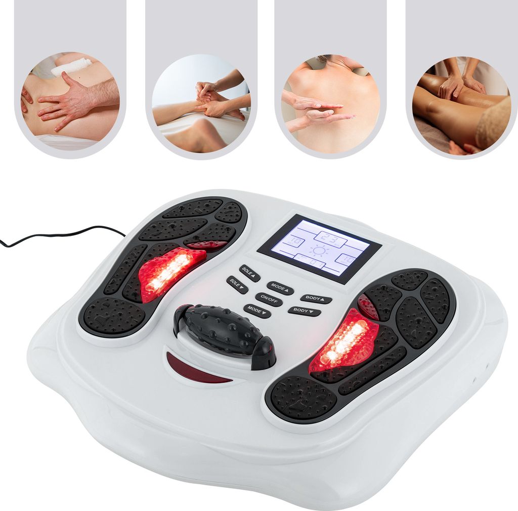 A white foot massager with red lights and a digital display, shown from a slightly elevated angle. Four circular inset images at the top show close-ups of massage techniques on different body parts.