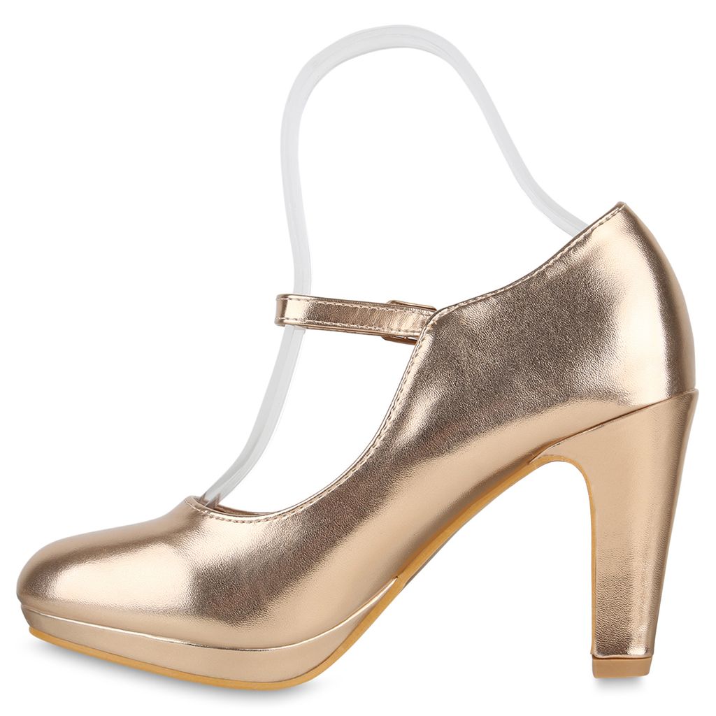 VAN HILL Damen Pumps Mary Janes - Trichterabsatz 9cm In Beige Lack