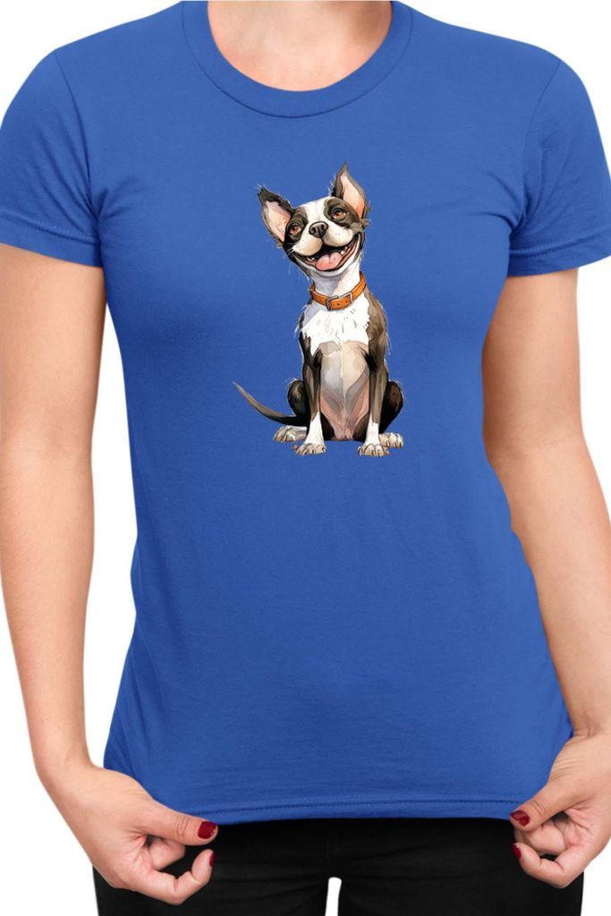 Damen T-Shirt Funny Dogs Breeds Boston Terrier Dog Breed 020, Lady 2XL / Blau