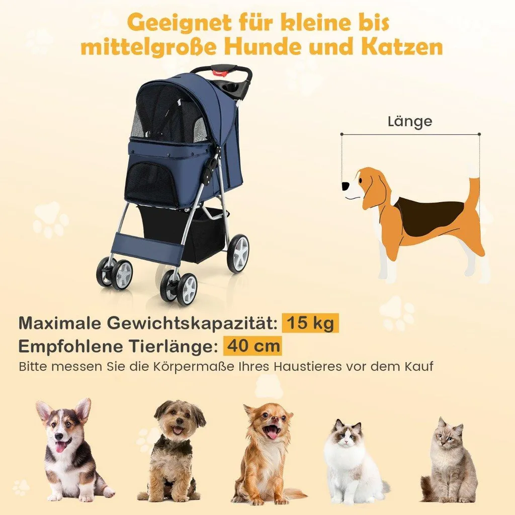 Poussette animaux 15kg pliable - Solution pour chiens âgés ou blessés