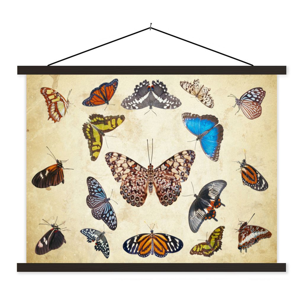 MuchoWow Textilposter Botanischer Druck Schmetterlinge 60x45 cm mit schwarzem Rahmen - Poster Schlafzimmer
