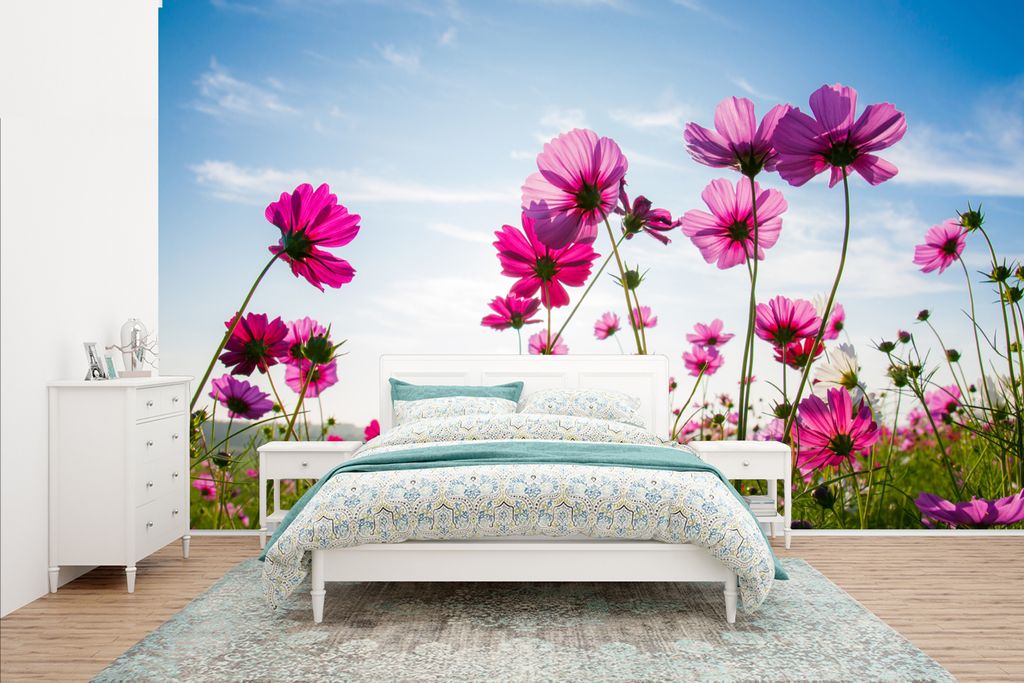 MuchoWow Fototapete für Wohnzimmer oder Schlafzimmer Wandtapete Vinyl Motivtapete Blumen - Rosa - Cosmea - 435x260 cm - Kinderzimmer