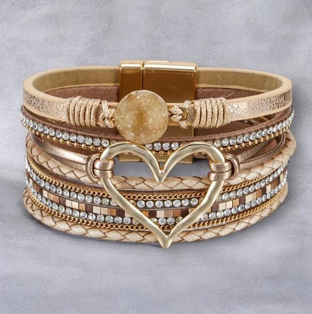 Bracelet cuir beige véritable avec pendentif cœur, cadeau romantique - 4