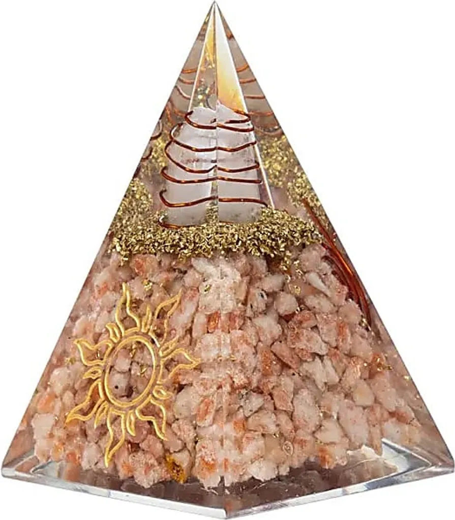 Pyramide orgonite contre stress ambiant, pierre de soleil et cuivre