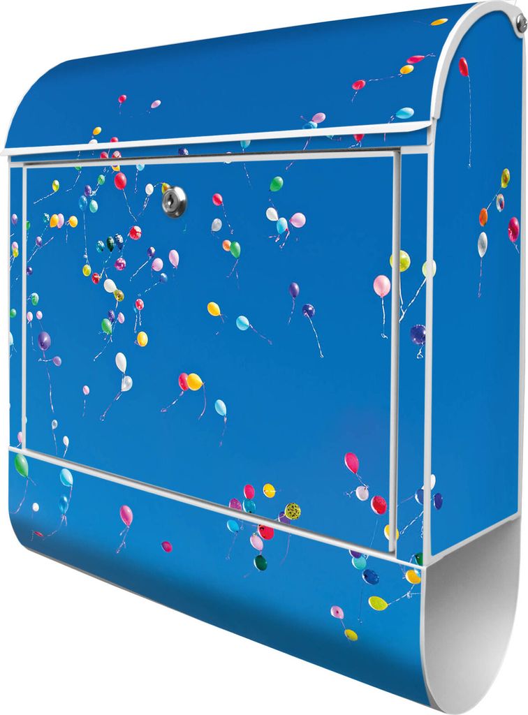 banjado Design Briefkasten Stahl weiß mit Zeitungsfach pulverbeschichtet "Bunte Luftballons" 38x46x12,5cm & 2 Schlüssel - Postkasten A4 Einwurf i...