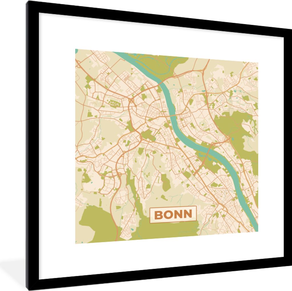 MuchoWow Gerahmtes Poster Jahrgang - Bonn - Stadtplan - Karte 40x40 cm - Poster mit Schwarzem Bilderrahmen Wandposter Rahmen Foto Bilder - Poster...