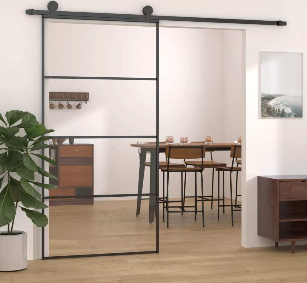 The Living Store Schiebetür Aluminium und ESG Glas 102,5x205 cm Schwarz