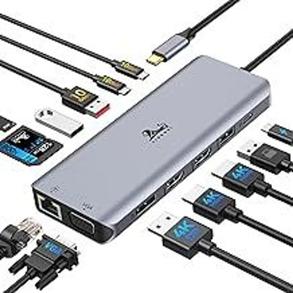 Docking station USB C 3 monitor Hub USB C 13 in 1 con 2 HDMI 4K@60Hz, 8K@30Hz DisplayPort, VGA, 3 USB 3.1 10 Gbps, PD 100W, Gigabit Ethernet, adattatore multi-monitor SD/TF per MacBook Dell HP Laptop