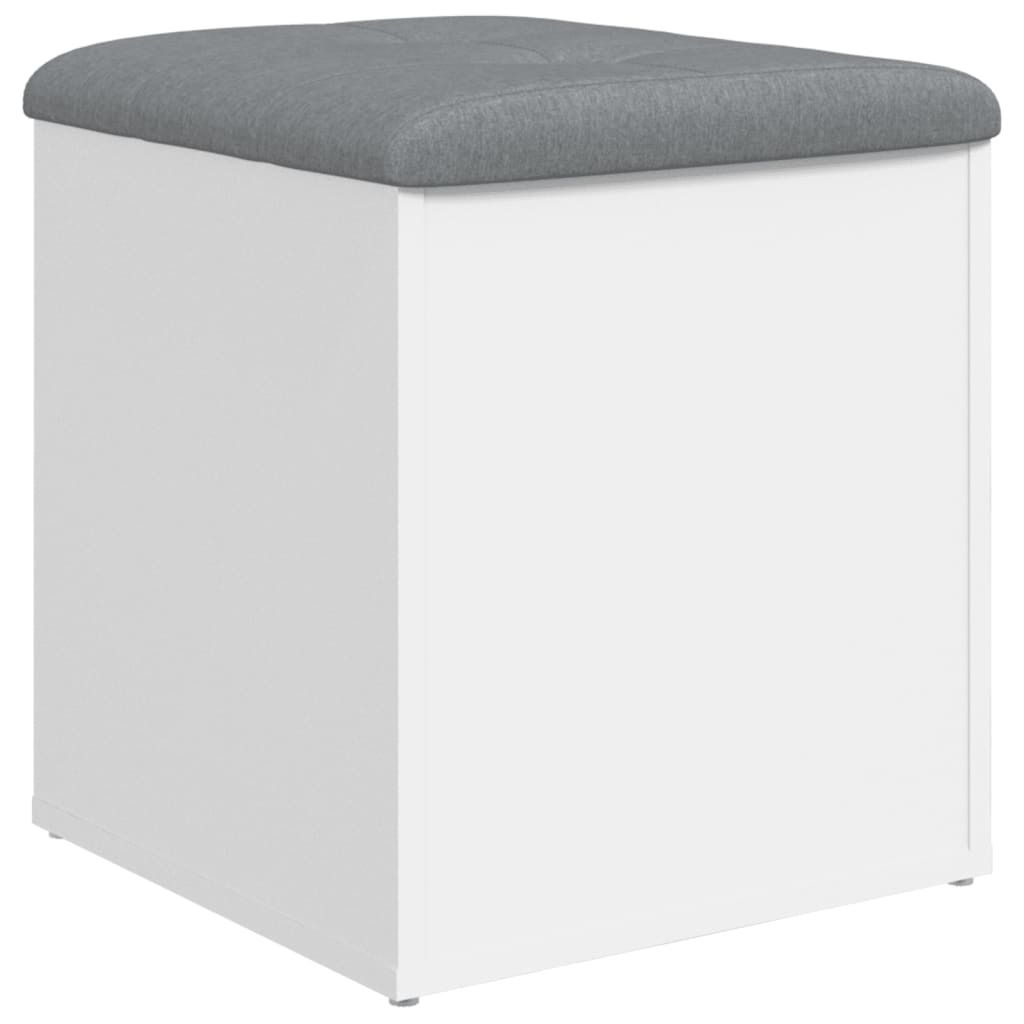 A white cube storage ottoman with a gray fabric top.
