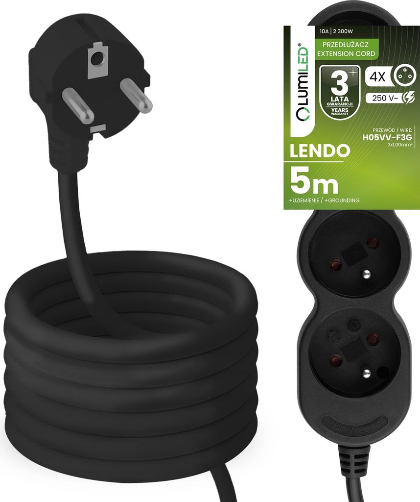 LUMILED Steckdosenleiste 4-Fach Steckdose Typ E, 5m Kabel H05VV-F3G schwarz Mehrfachsteckdose E Stecker 10A 2300W 250V IP20 Halterung zum Aufhängen