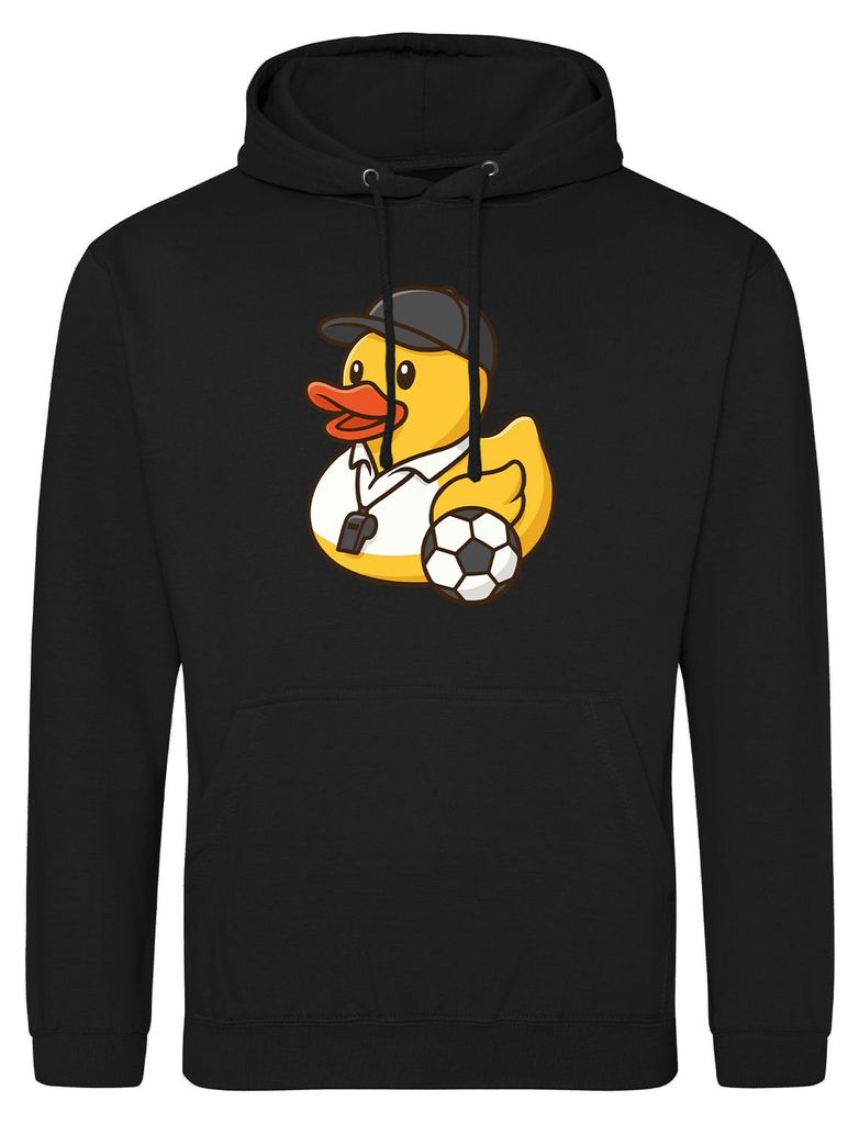 Huuraa Uni Hoodie Quietscheente Fussball-Trainer Gummiente Coach M Deep Black Vegan Sweatshirt Geschenkidee