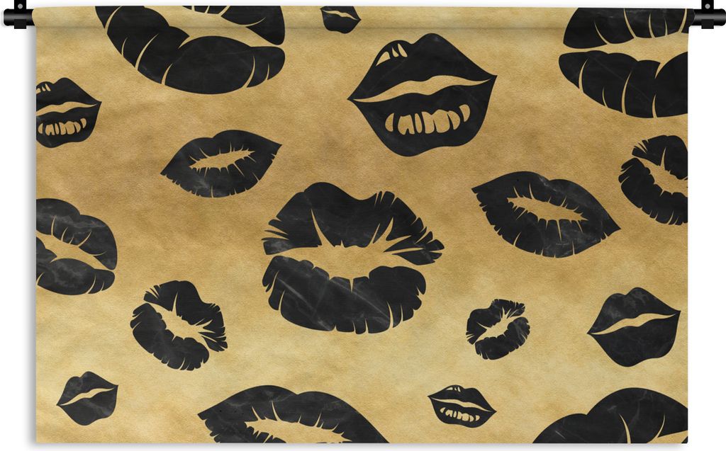 MuchoWow Wandteppich Wandbehang Muster - Kuss - Gold - Schwarz 150x100 cm Tapisserie Dekoration Wandtuch - Waschbar - Tapisserien - Wand-Decke