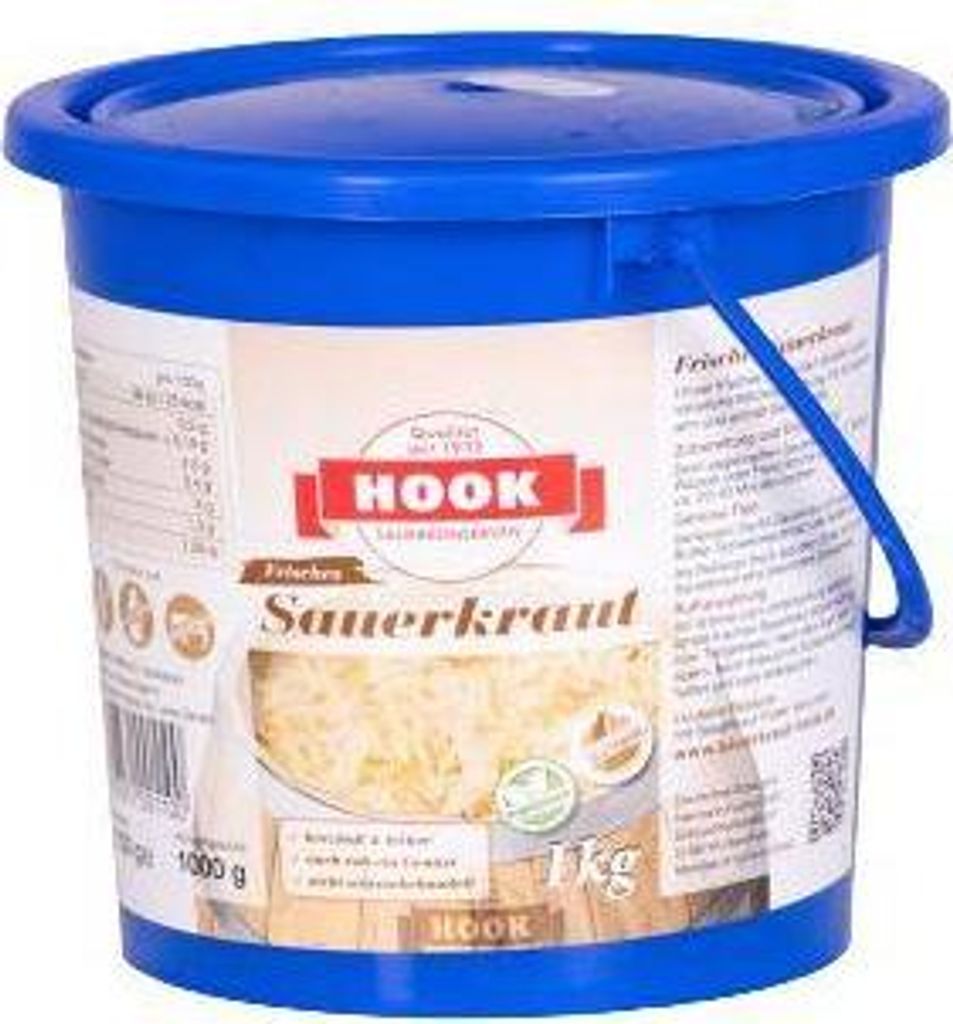 A blue plastic bucket containing sauerkraut.