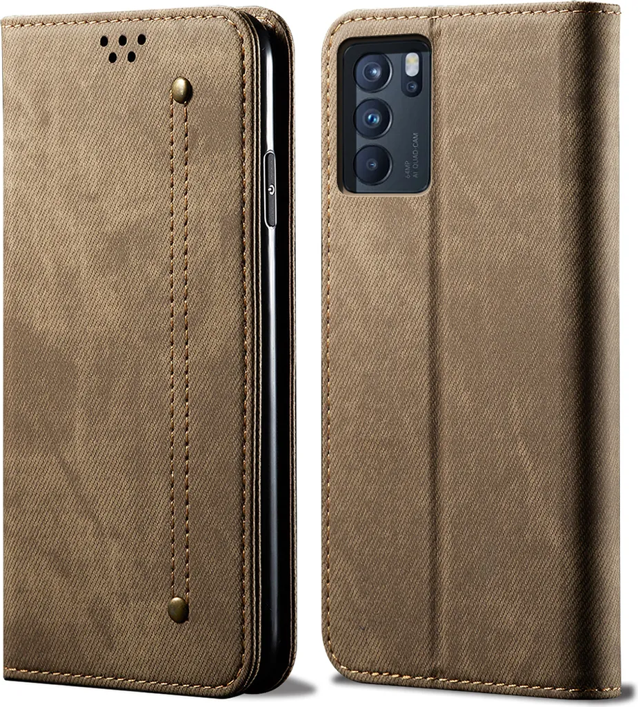 Custodia OPPO Reno6 4G, Custodia protettiva in pelle a portafoglio flip bookstyle con supporto per OPPO Reno6 4G Khaki
