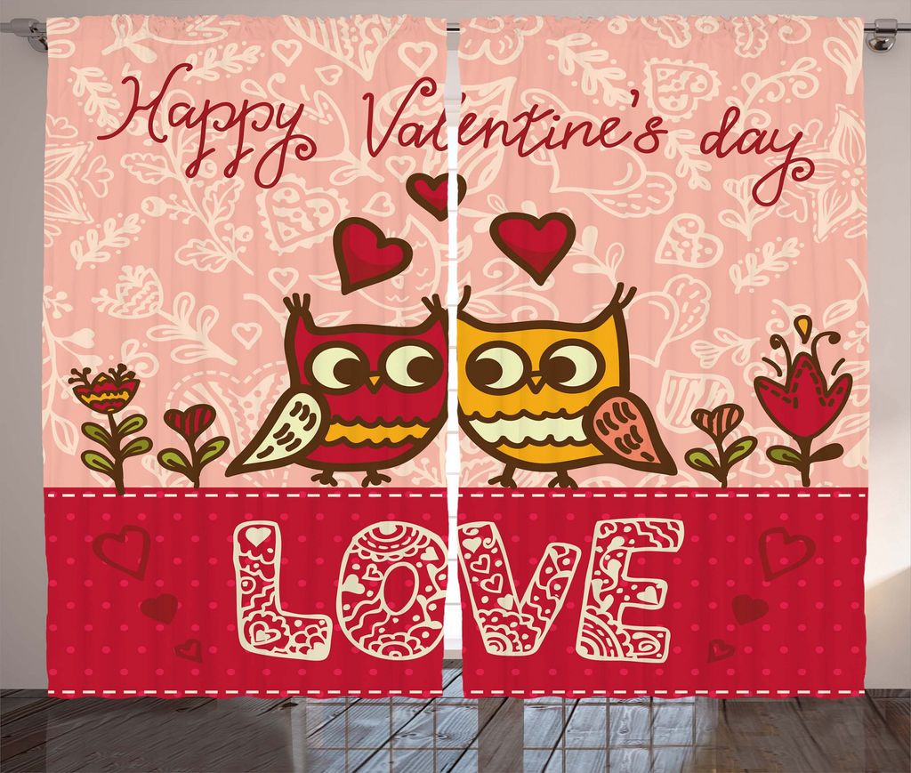 ABAKUHAUS Valentinstag Rustikaler Vorhang, Eulen lieben Herz, Wohnzimmer Universalband Gardinen mit Schlaufen und Haken, 280 x 225 cm, Gelb Rosa Rot