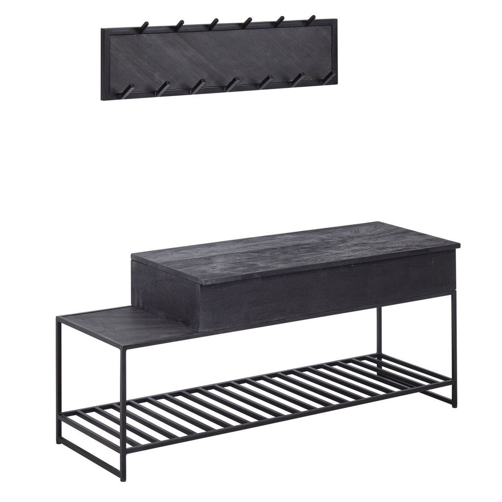 Sitzbank mit Wandgarderobe Schwarz Mango Massivholz Schuhbank 110 cm, Design Garderoben-Set Industrial Flur, Garderobenbank mit Stauraum und Schuhr...
