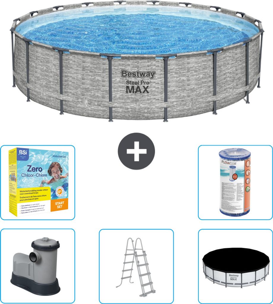 Bestway Round Steel Pro MAX Schwimmbad – Steindruck – 549 x 122 – inklusive Pumpe – Leiter – Abdeckung Wartungspaket - Filter